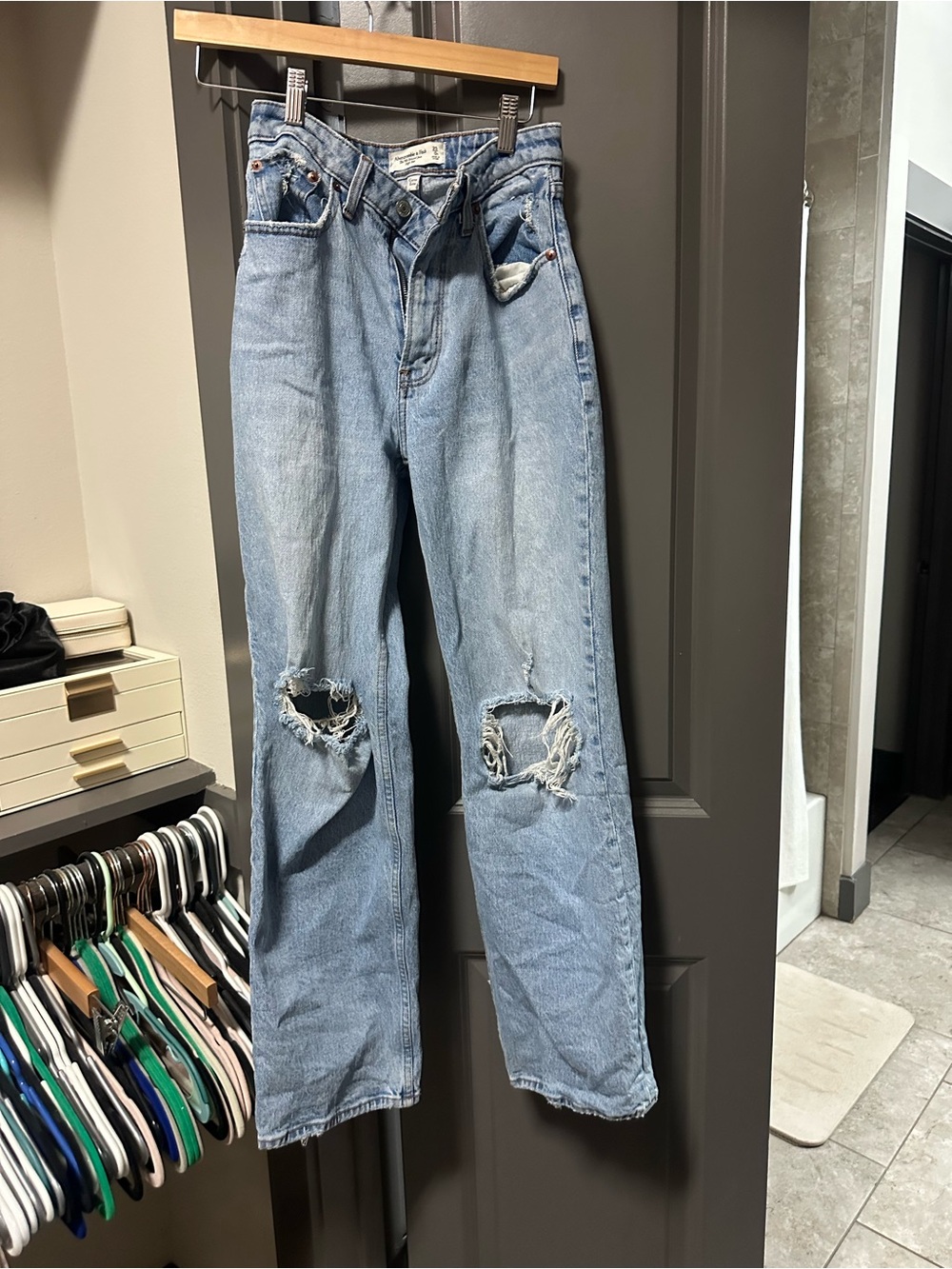 Abercrombie & Fitch curve love Light Blue Distressed Wide-Leg Jeans